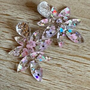 Pink Floral Resin Drop Earrings with Iridescent Accents